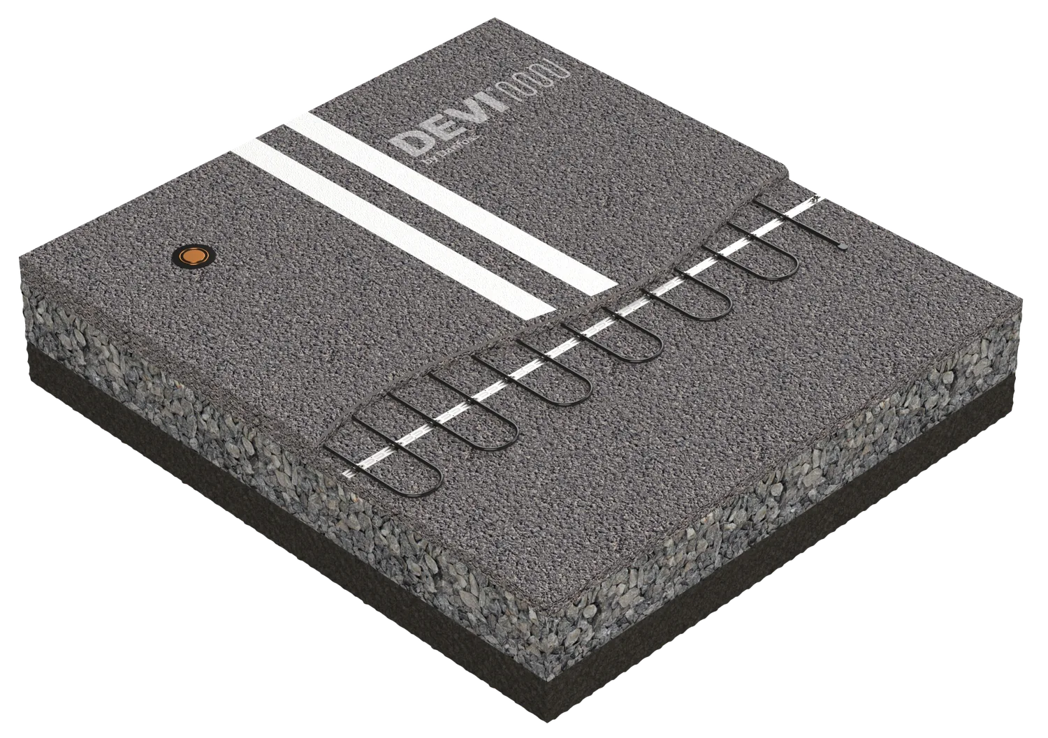 Cutaway of an asphalt surface with heating cable on strapping above a compacted base.