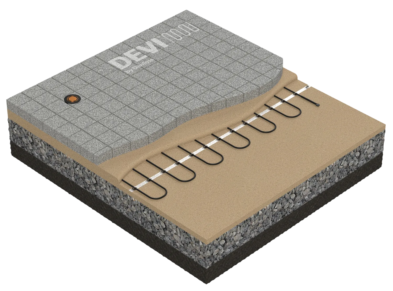 Cutaway of paving stones on a sand bed with heating cable below.